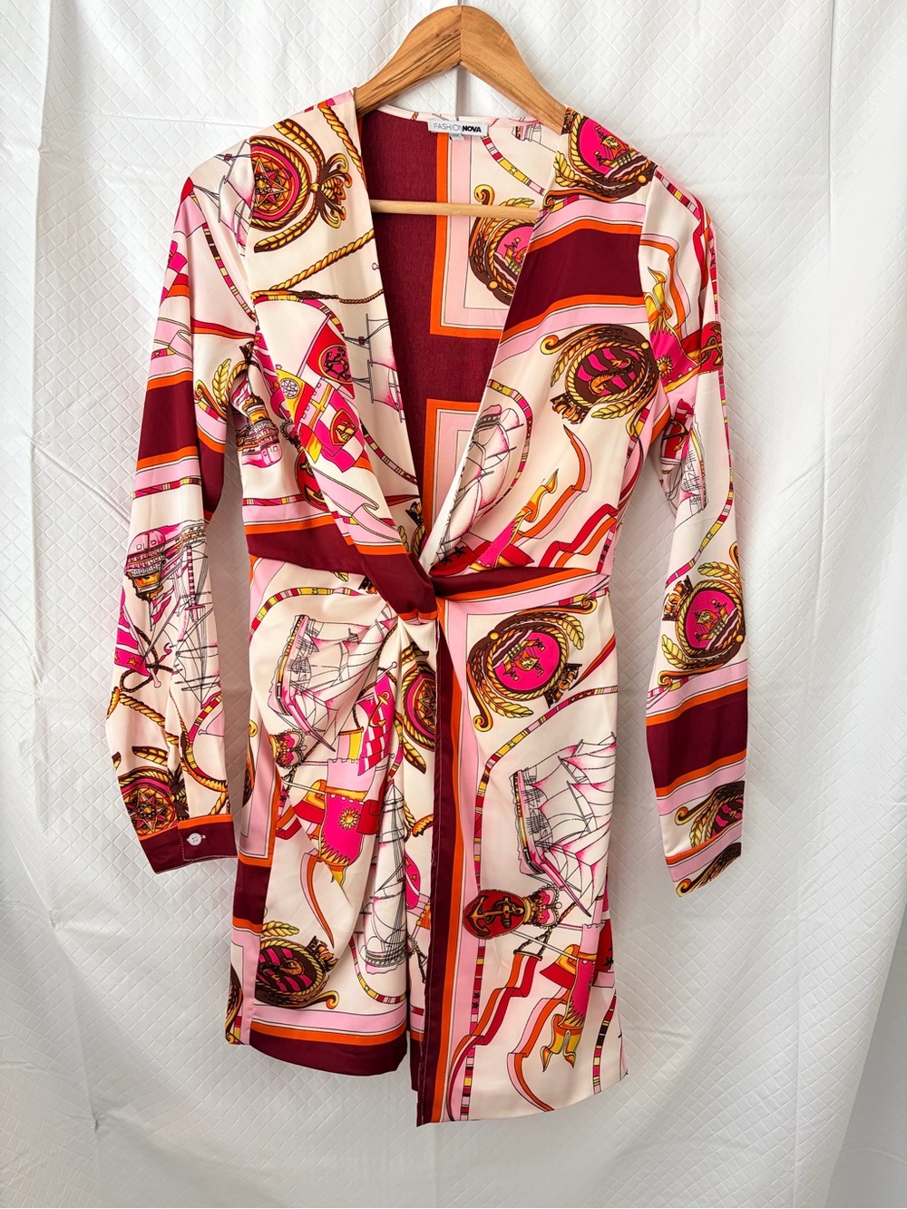 Fashion Nova Pink, Burgundy & Orange Printed Wrap Dress